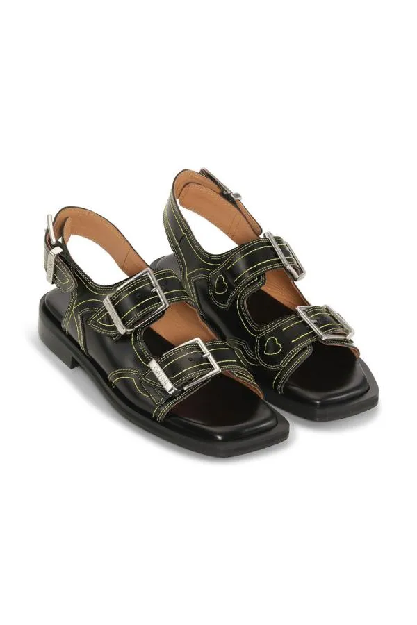 AccessoriesShoes GANNI Flats Embroidered Western Sandals Blackyellow AccessoriesShoes GANNI Flats Embroidered Western Sandals Blackyellow