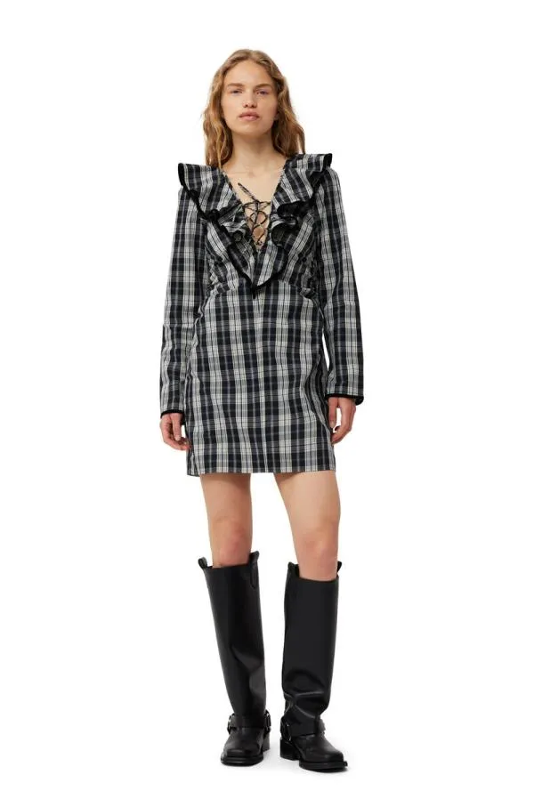Clothing GANNI Dresses Checkered Cotton Ruffle Vneck Mini Dress Black