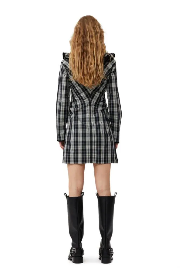 Clothing GANNI Dresses Checkered Cotton Ruffle Vneck Mini Dress Black