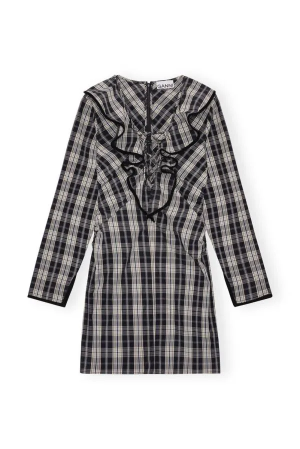 Clothing GANNI Dresses Checkered Cotton Ruffle Vneck Mini Dress Black