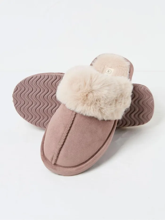 Fat Face Slippers Kaia Dark Natural Faux Fur Cuff Mules 8211 Women