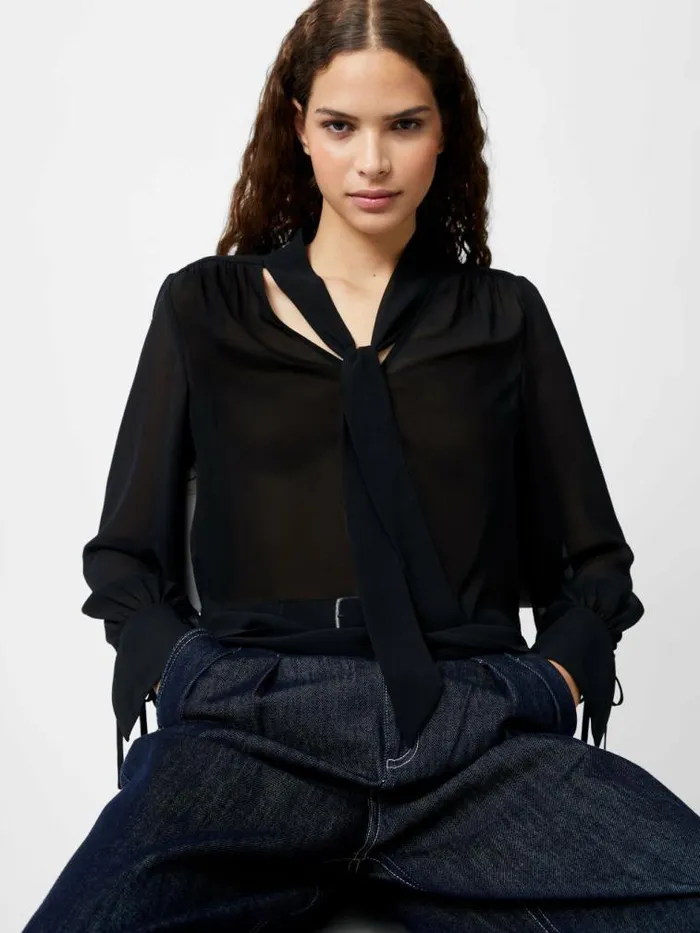 French Connection Eden Georgette Tie Neck Blouse Blackout Women Tops