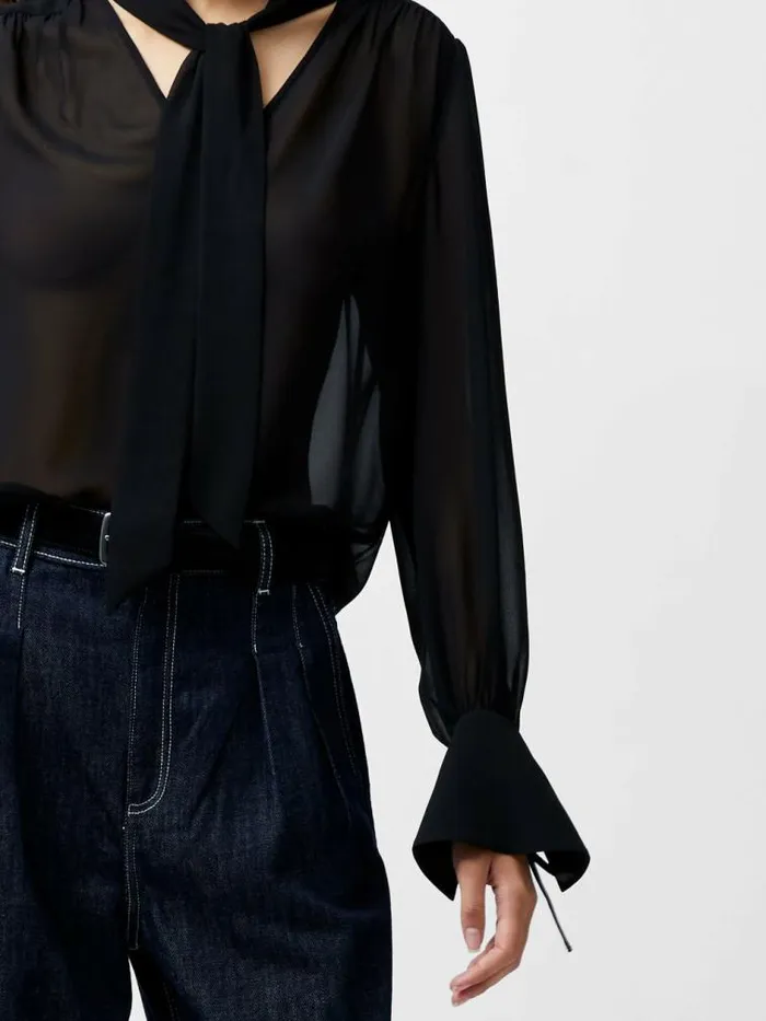 French Connection Eden Georgette Tie Neck Blouse Blackout Women Tops