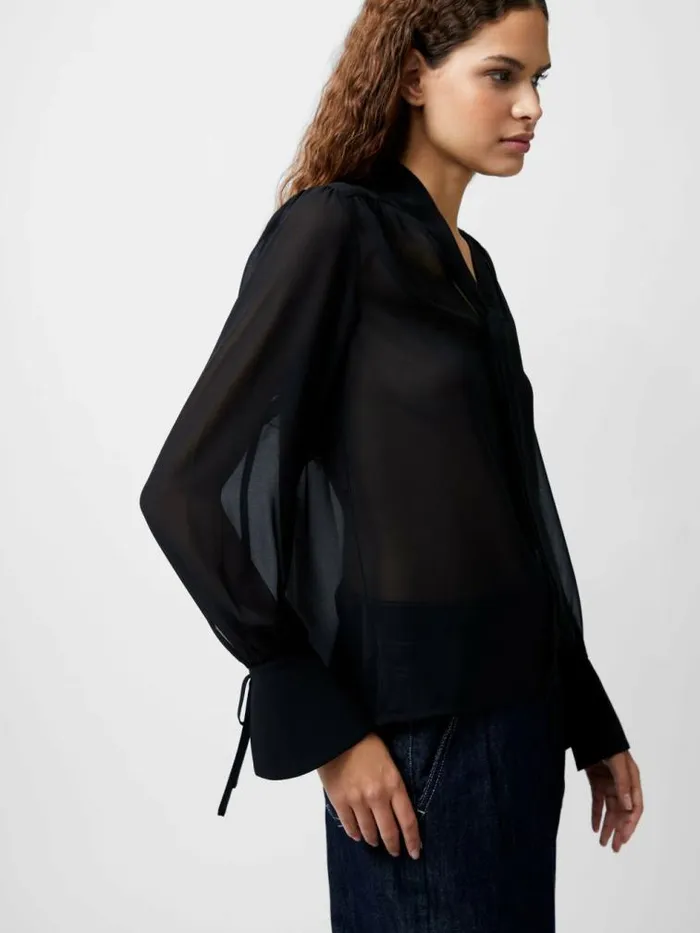 French Connection Eden Georgette Tie Neck Blouse Blackout Women Tops