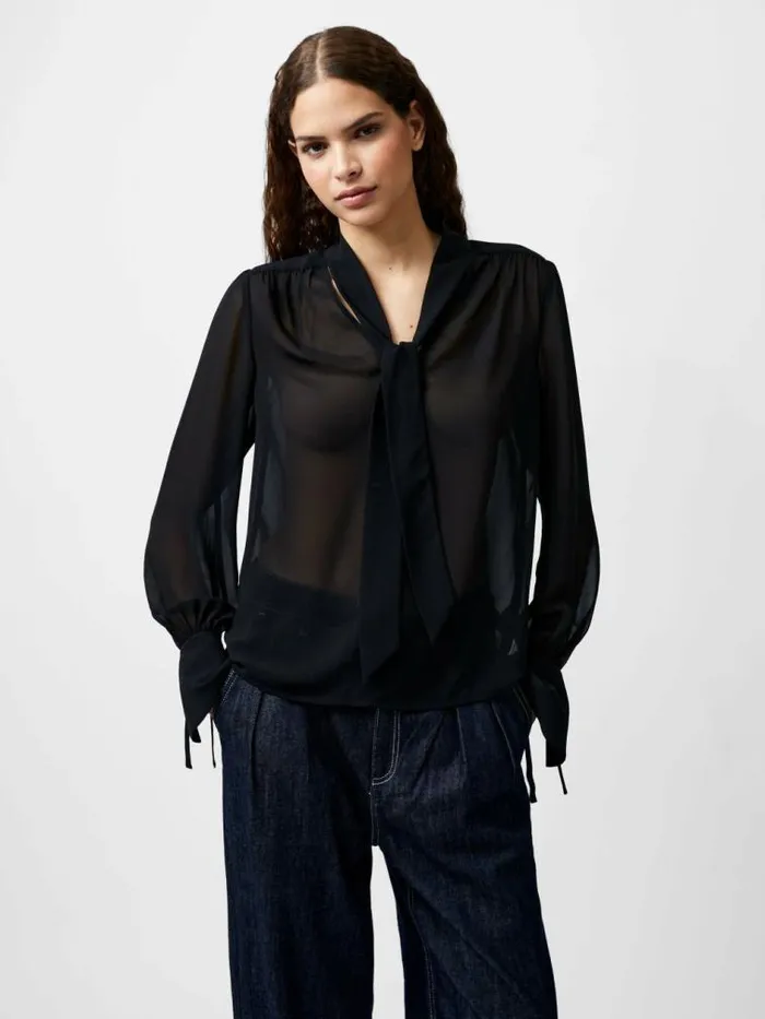 French Connection Eden Georgette Tie Neck Blouse Blackout Women Tops
