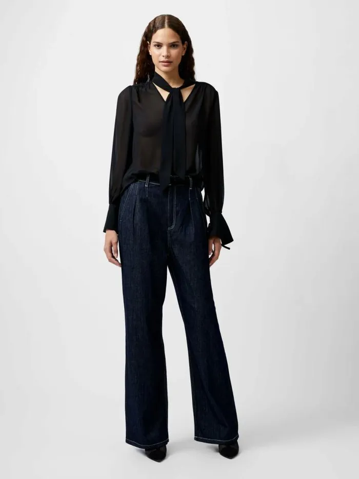 French Connection Eden Georgette Tie Neck Blouse Blackout Women Tops