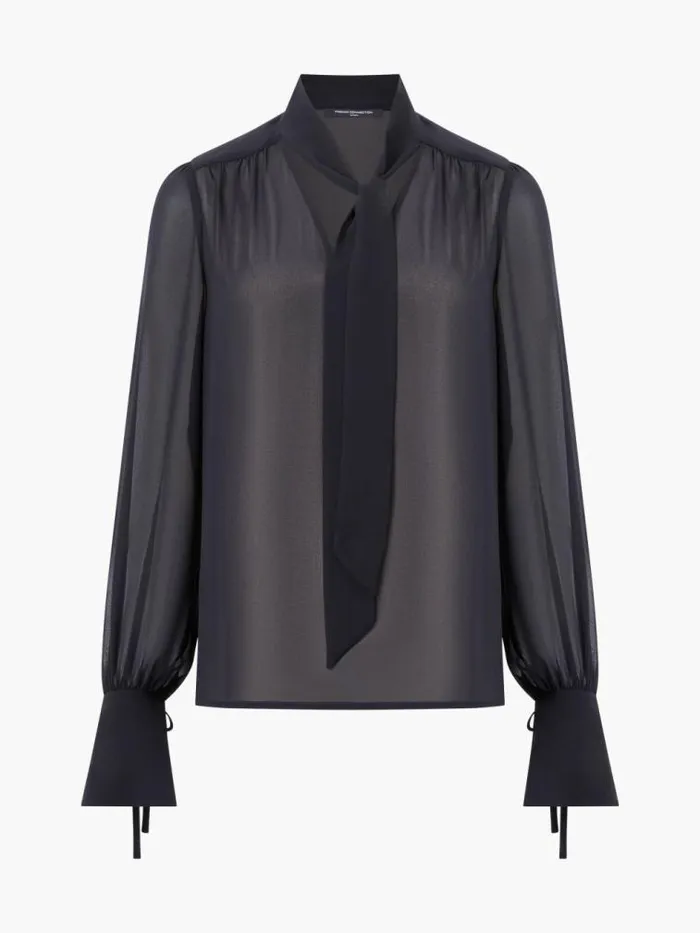 French Connection Eden Georgette Tie Neck Blouse Blackout Women Tops