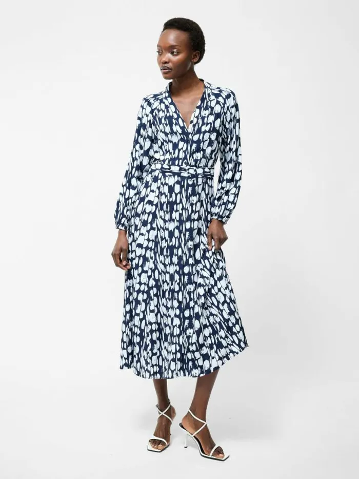 French Connection Islanna Long Sleeve Belted Midi Dress Midnightlinen White Women Dresses