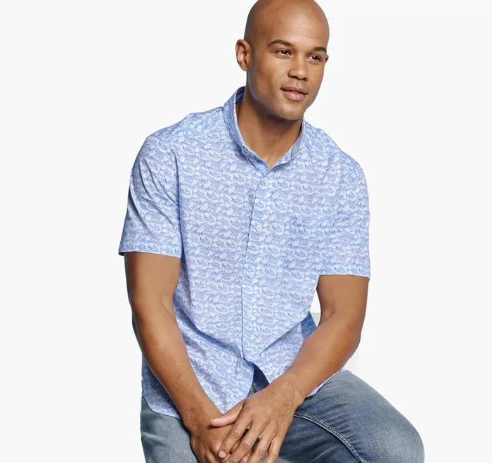 Johnston and Murphy Printed Cotton ShortSleeve Shirt Whiteblue Shadow Shark Men ShortSleeve Shirts