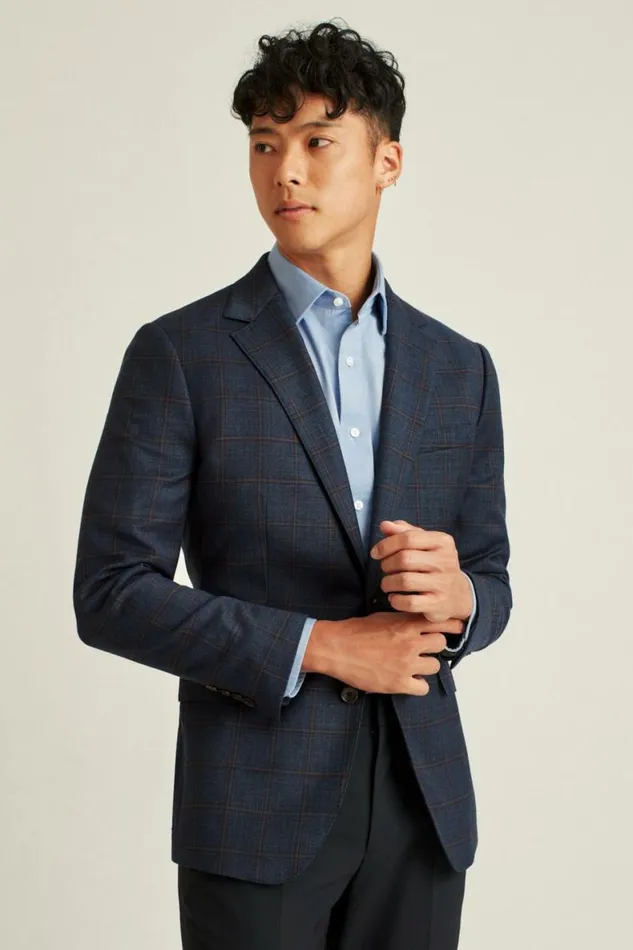 Men Jetsetter Stretch Italian Wool Blazer Navy Burgundy Windowpane Bonobos Blazers and Sport Coats