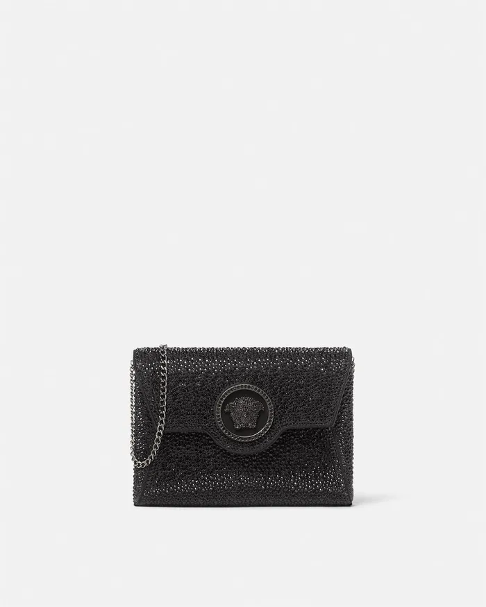 Shoulder and Crossbody Women Versace Crystal La Medusa Envelope Clutch Black