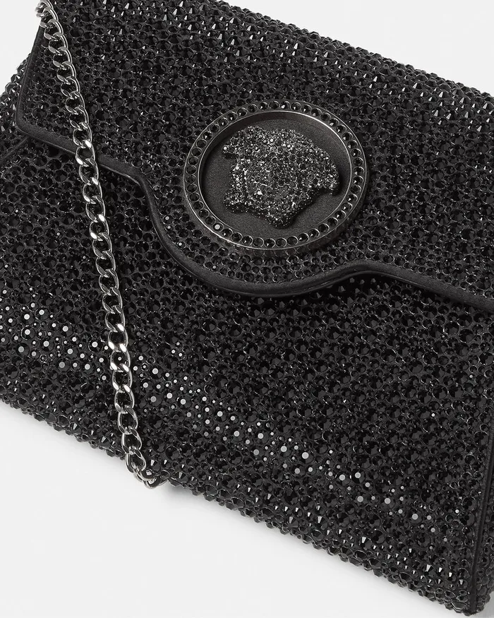 Shoulder and Crossbody Women Versace Crystal La Medusa Envelope Clutch Black