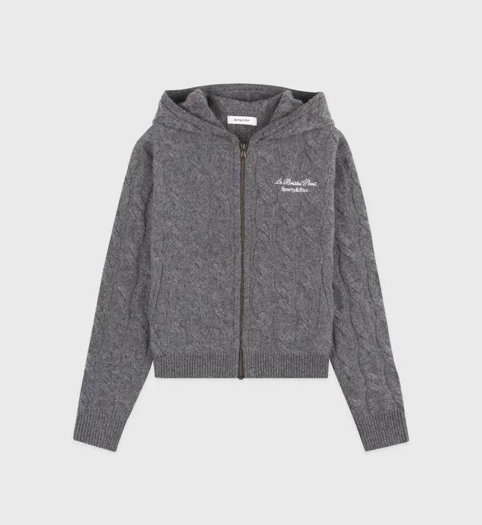 Sporty and Rich Knitwear Women Faubourg Cableknit Wool Cashmere Zip Hoodie 8211 Dark GrayWhite