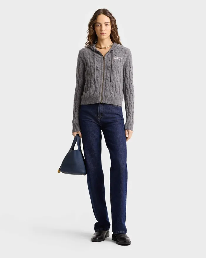 Sporty and Rich Knitwear Women Faubourg Cableknit Wool Cashmere Zip Hoodie 8211 Dark GrayWhite