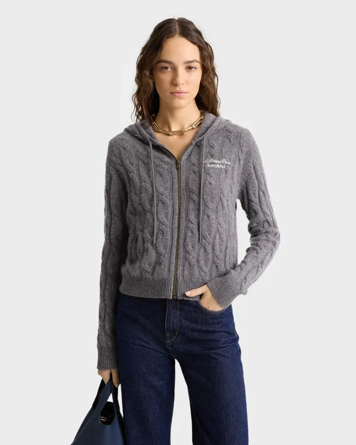 Sporty and Rich Knitwear Women Faubourg Cableknit Wool Cashmere Zip Hoodie 8211 Dark GrayWhite