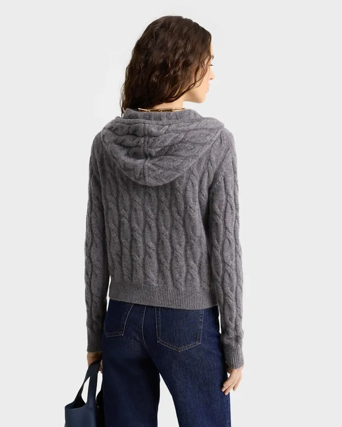 Sporty and Rich Knitwear Women Faubourg Cableknit Wool Cashmere Zip Hoodie 8211 Dark GrayWhite