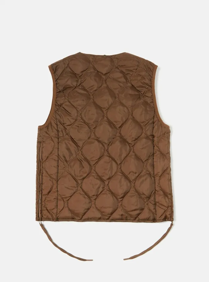 Taion By FCE Packable Down Vest In Brown Nylon RipstopDuck Down Men Universal Works Waistcoats and Gilets
