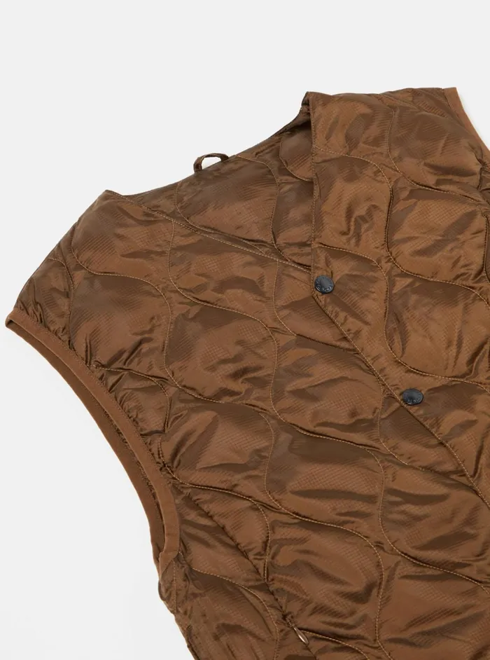 Taion By FCE Packable Down Vest In Brown Nylon RipstopDuck Down Men Universal Works Waistcoats and Gilets