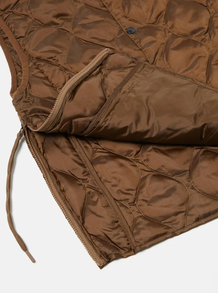 Taion By FCE Packable Down Vest In Brown Nylon RipstopDuck Down Men Universal Works Waistcoats and Gilets