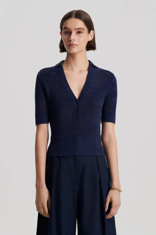 Tops Scanlan Theodore Women LINEN SLIM FIT SHIRT NAVY Tops Scanlan Theodore Women LINEN SLIM FIT SHIRT NAVY