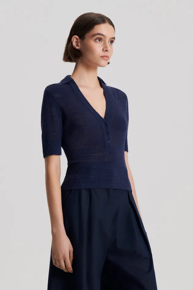 Tops Scanlan Theodore Women LINEN SLIM FIT SHIRT NAVY Tops Scanlan Theodore Women LINEN SLIM FIT SHIRT NAVY