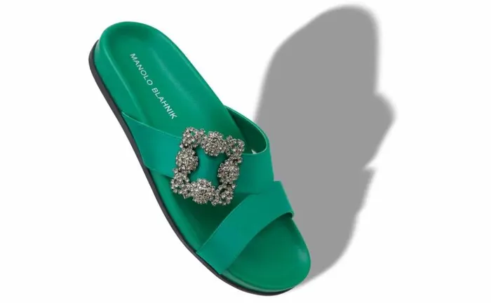 Women Green Satin Jewel Buckle Flat Mules Manolo Blahnik Flats