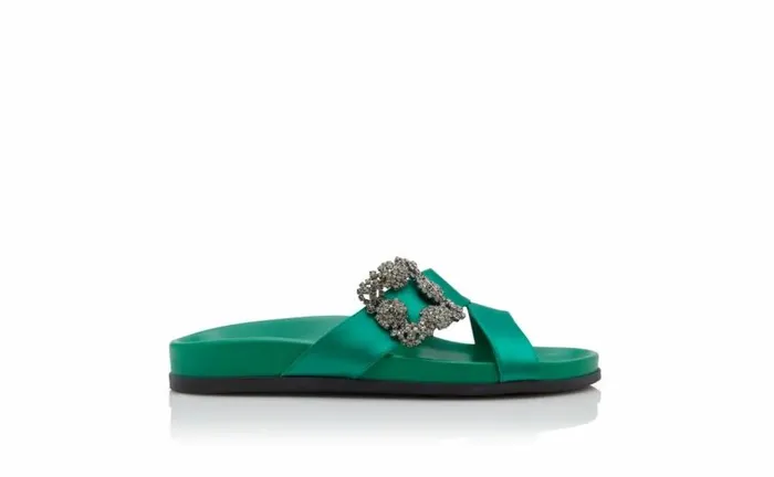 Women Green Satin Jewel Buckle Flat Mules Manolo Blahnik Flats