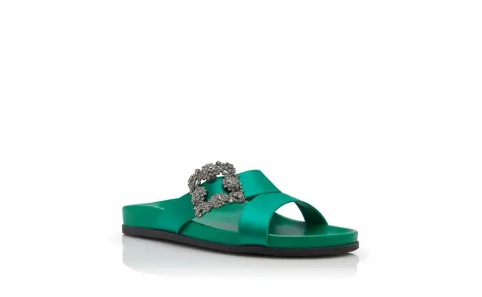 Women Green Satin Jewel Buckle Flat Mules Manolo Blahnik Flats