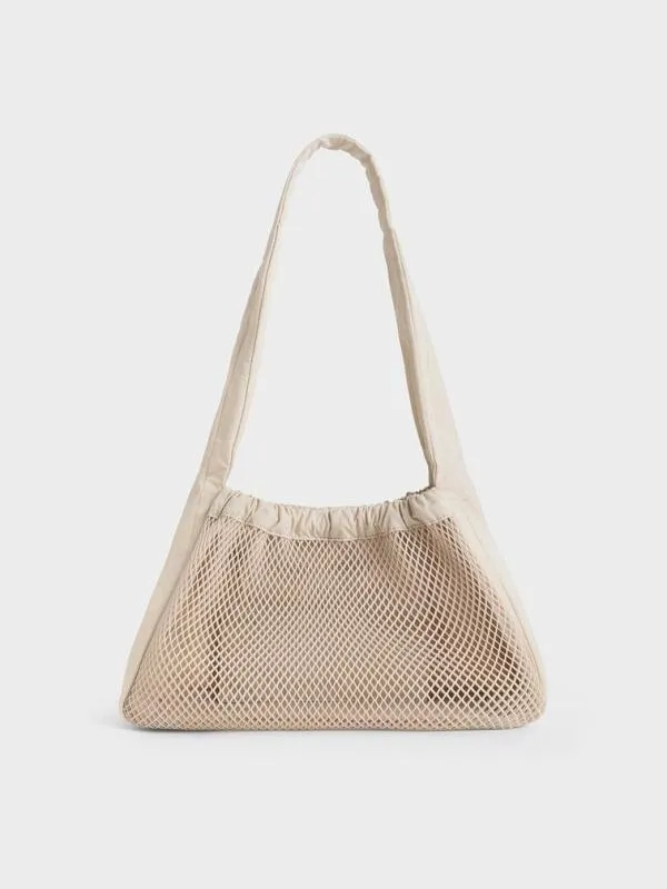 Women Terra Mesh and Nylon Shoulder Bag 8211 Oat CHARLES and KEITH Slouchy Bags