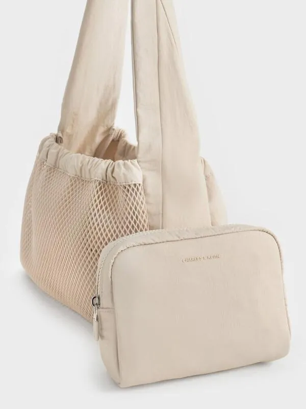 Women Terra Mesh and Nylon Shoulder Bag 8211 Oat CHARLES and KEITH Slouchy Bags