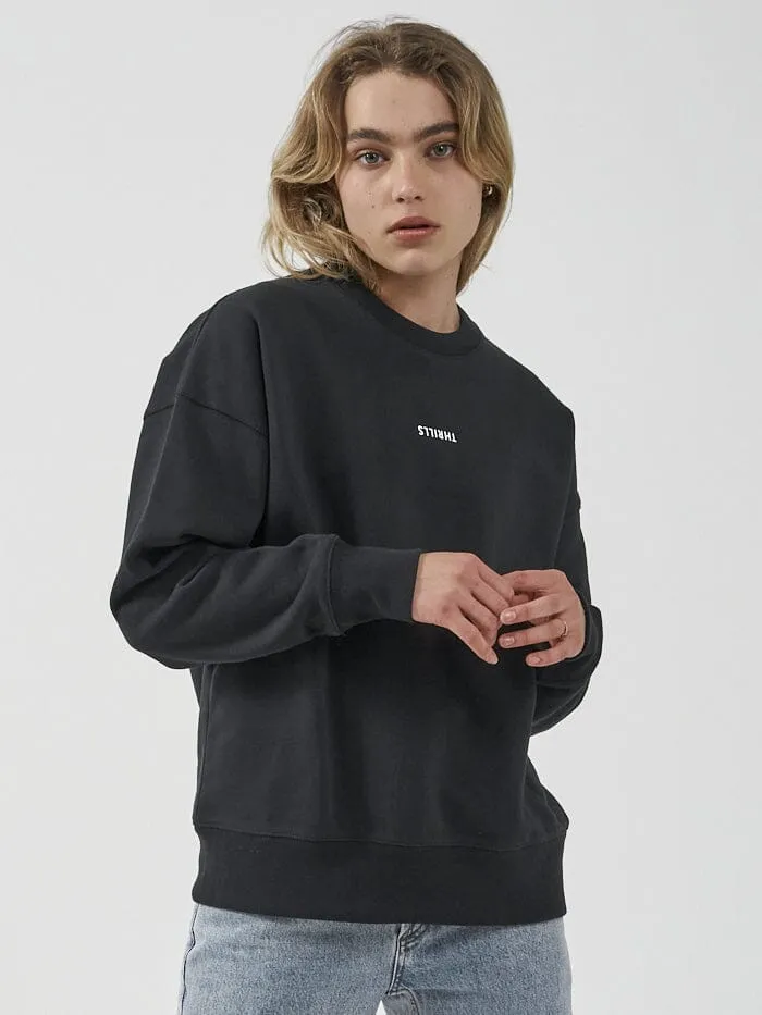 Womens Minimal Slouch Crew Washed Black Thrills Sweaters and Fleece