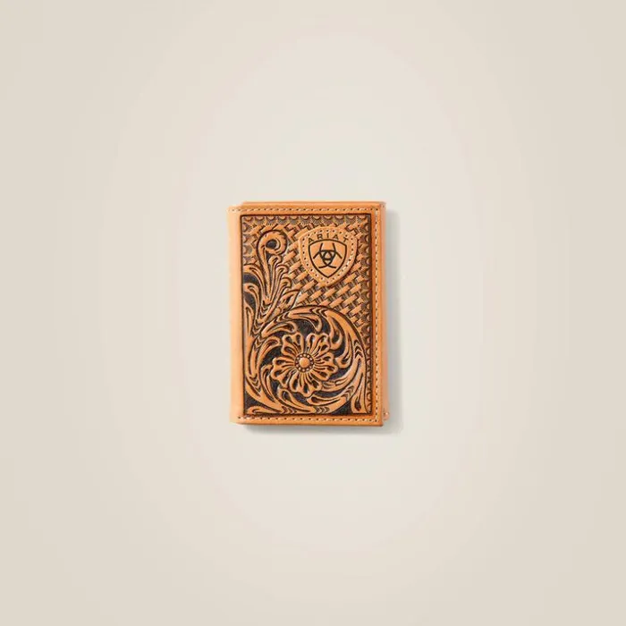 Bags and Wallets Men Ariat Trifold Wallet Tan Floral Logo Embroidery Tan
