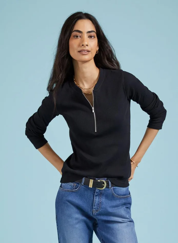 Baukjen Baukjen Essentials Organic Long Sleeve Zip Top Caviar Black Clothing