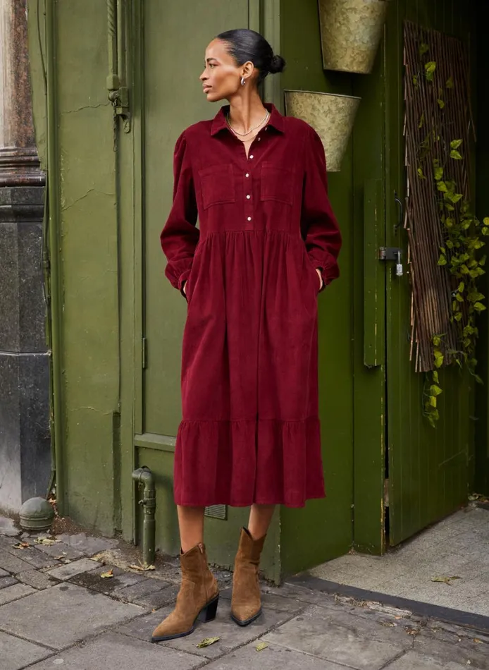 Baukjen Philippa Organic CorduroyMidi Dress Burgundy Clothing