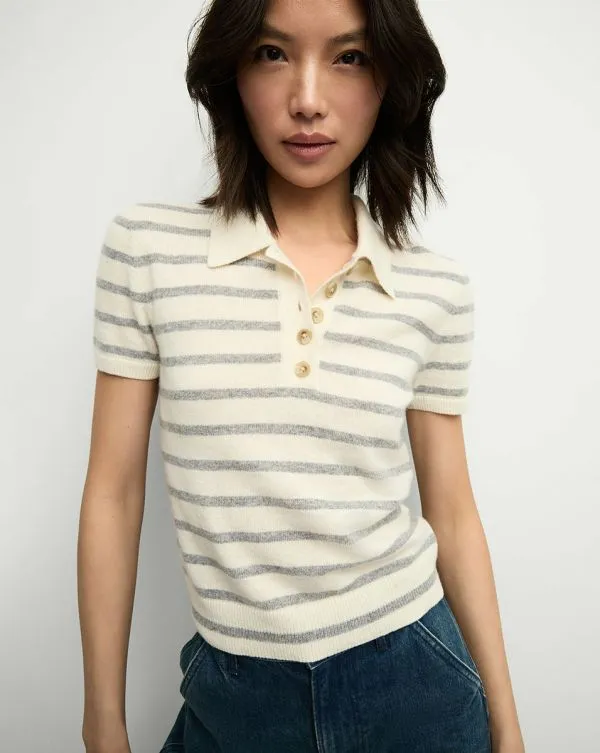 Brandt Striped Cashmere Polo Ivoryandheather Grey Women Veronica Beard Tops