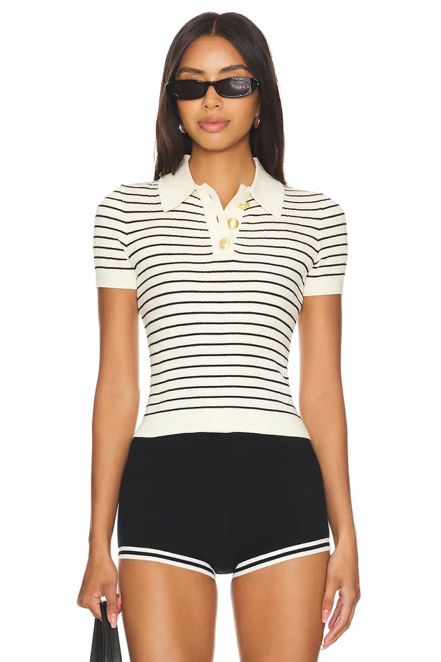 Camelia Stripe Short Sleeve Polo Ivory and Black Women Lovers and Friends Tops Camelia Stripe Short Sleeve Polo Ivory and Black Women Lovers and Friends Tops