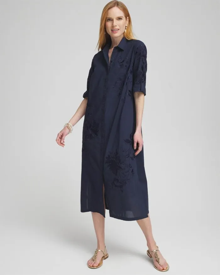 Chico039s Dresses Embroidered Shirt Dress Classic Navy 8211 Clothing