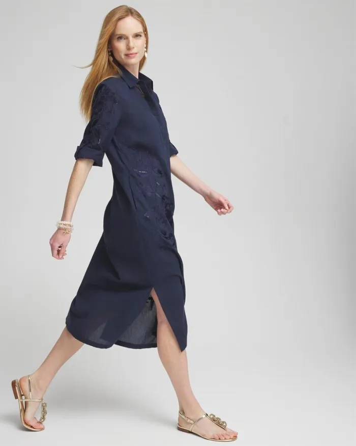Chico039s Dresses Embroidered Shirt Dress Classic Navy 8211 Clothing