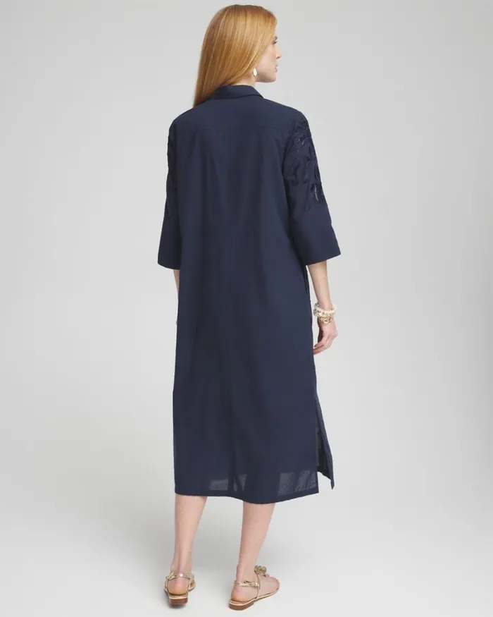Chico039s Dresses Embroidered Shirt Dress Classic Navy 8211 Clothing