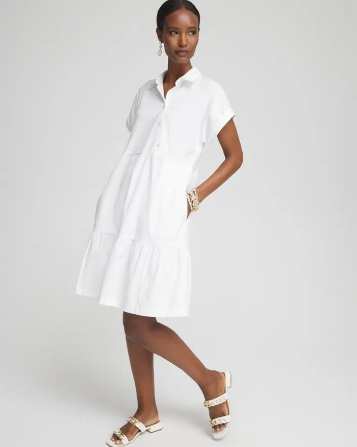 Chico039s Dresses Poplin Diagonal Button Front Dress Alabaster 8211 Clothing