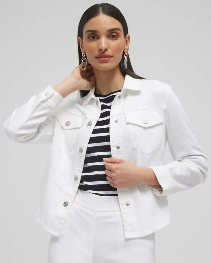 Chico039s Jackets and Coats No Stain Cropped Shirttail Denim Jacket Alabaster 8211 Clothing