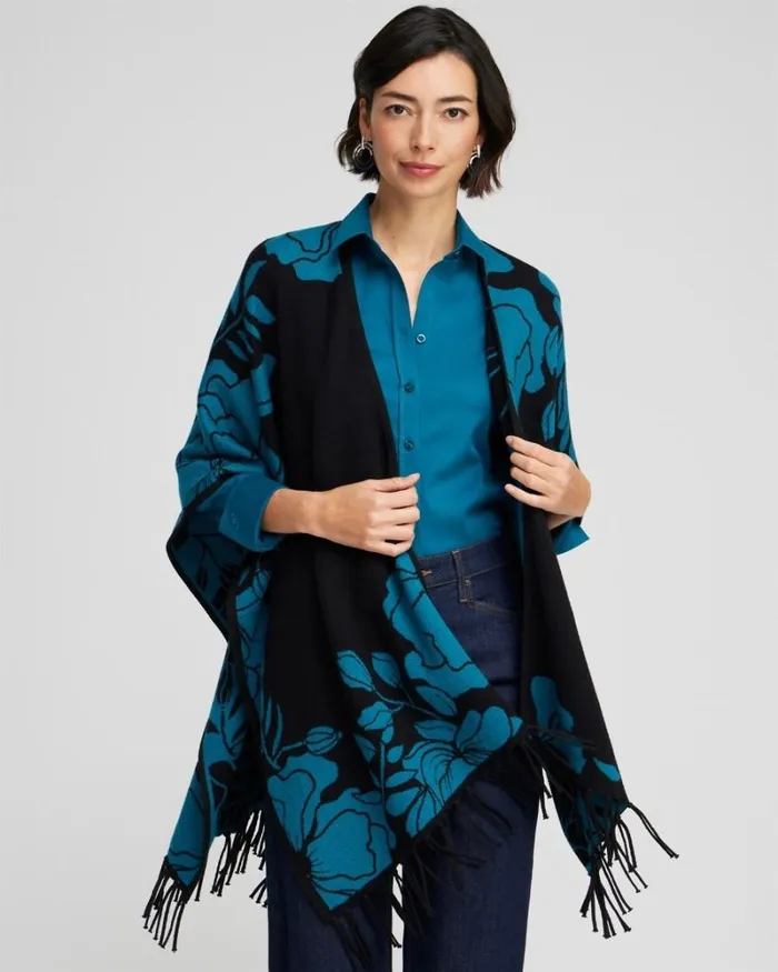 Chico039s Ponchos and Ruanas Cashmere Blend Fringe Ruana Moonlit Teal 8211 Shoes and Accessories