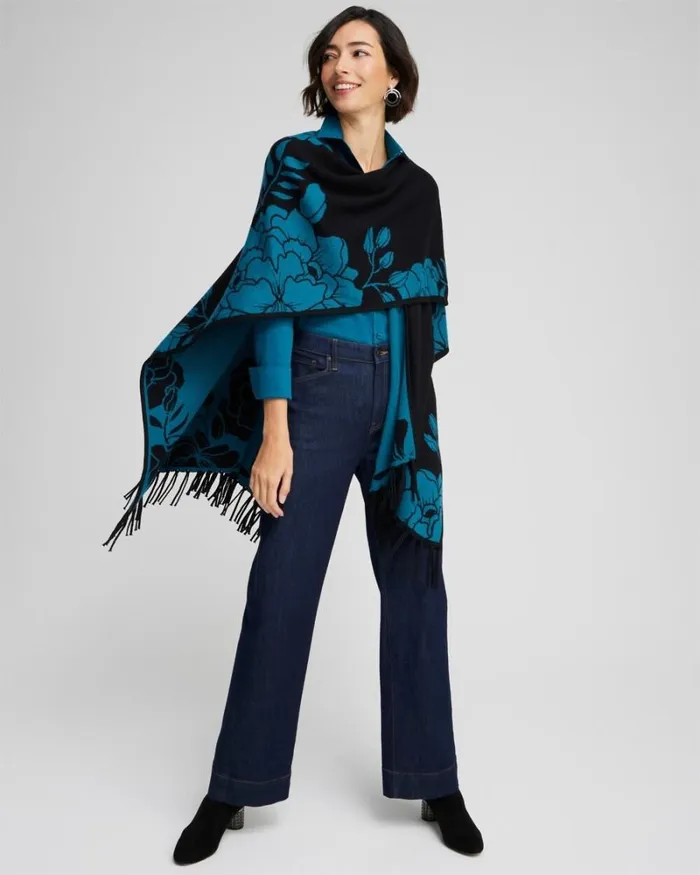 Chico039s Ponchos and Ruanas Cashmere Blend Fringe Ruana Moonlit Teal 8211 Shoes and Accessories