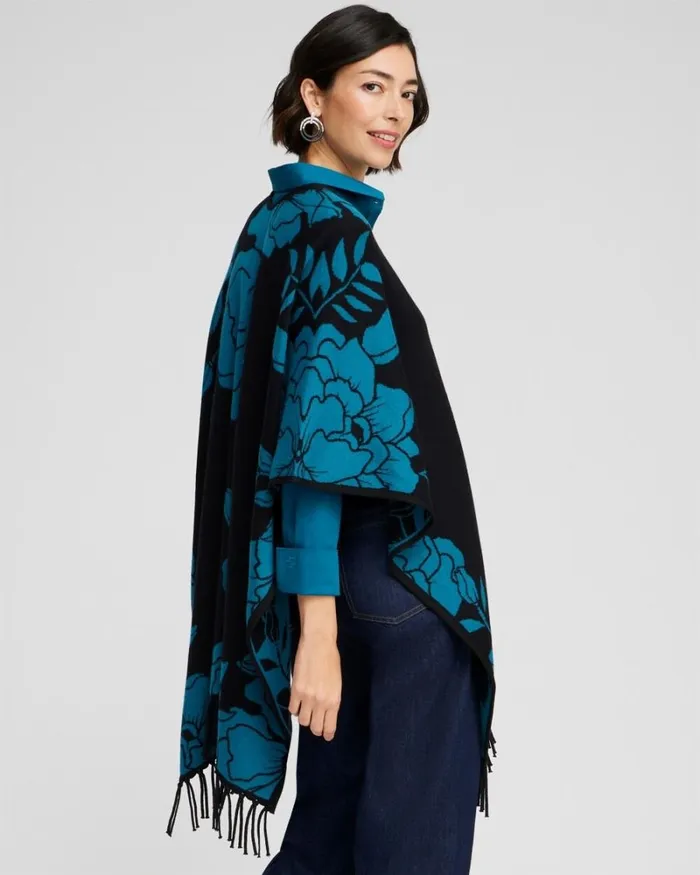 Chico039s Ponchos and Ruanas Cashmere Blend Fringe Ruana Moonlit Teal 8211 Shoes and Accessories