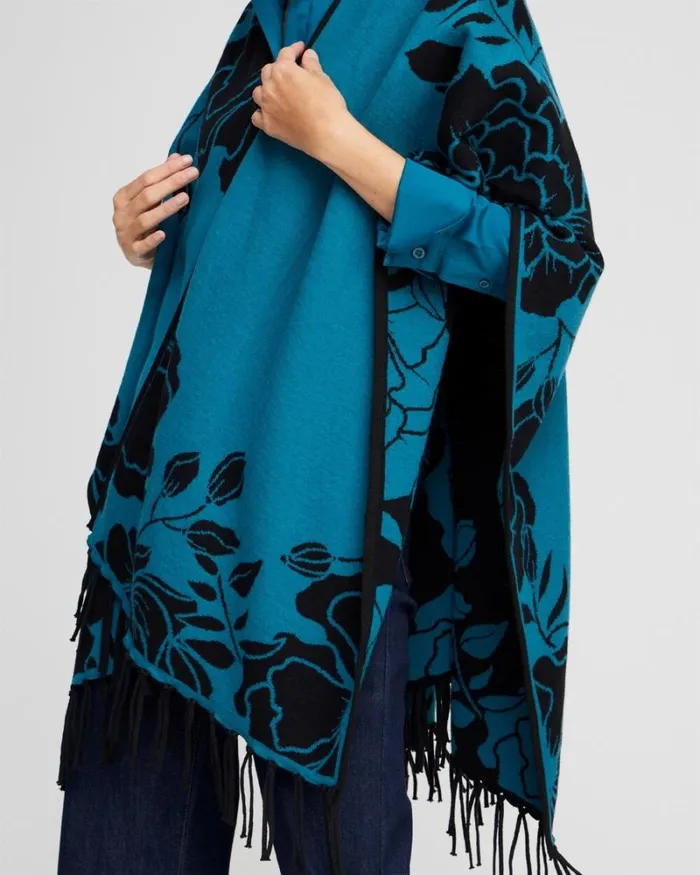 Chico039s Ponchos and Ruanas Cashmere Blend Fringe Ruana Moonlit Teal 8211 Shoes and Accessories
