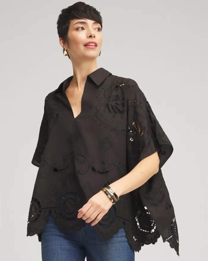 Chico039s Ponchos and Ruanas Eyelet Poncho Black 8211 Shoes and Accessories