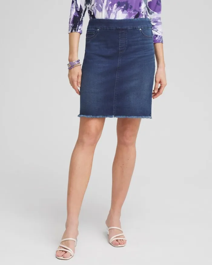 Chico039s Shorts Pullon Fray Hem Denim Skort Inverness Indigo 8211 Clothing