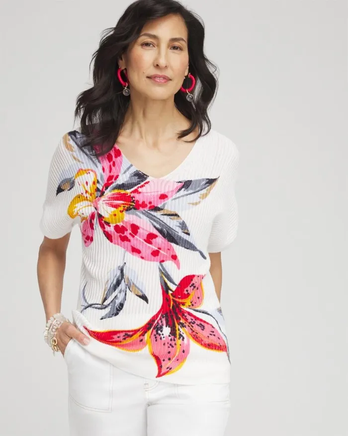 Chico039s Sweaters Floral Print Dolman Pullover Alabaster 8211 Clothing