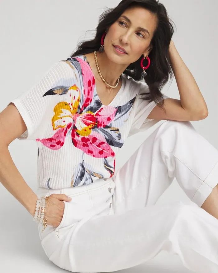 Chico039s Sweaters Floral Print Dolman Pullover Alabaster 8211 Clothing
