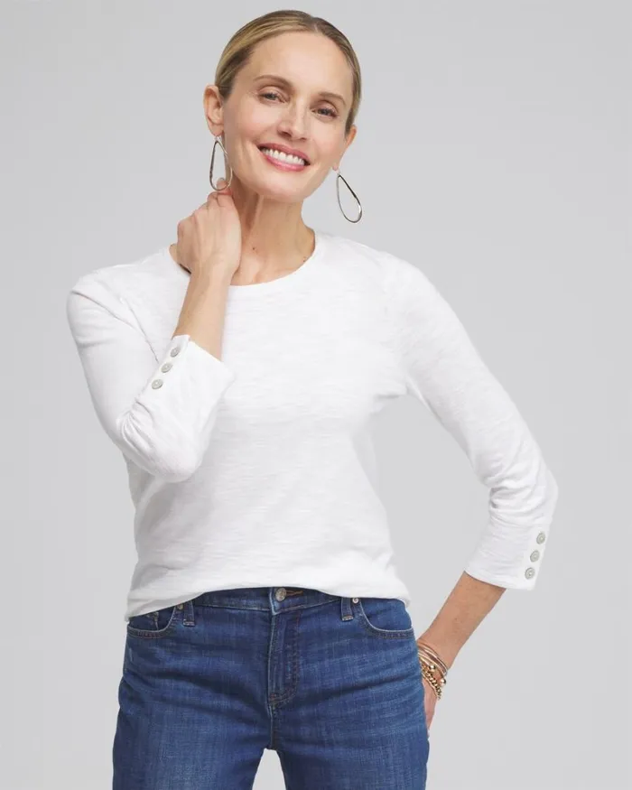 Chico039s Tops 34 Sleeve Button Tee Alabaster 8211 Clothing